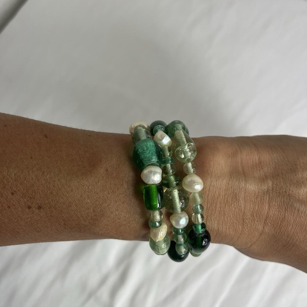 Recycled Glass Beads With Fresh Water Pearls Bracelet & Silver 925 Lock